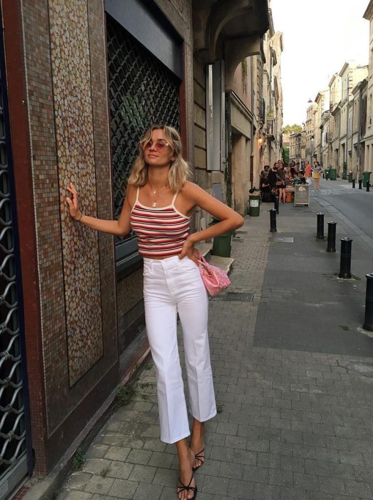 70s Striped Cami Top, French White Jeans Outfits Ideas, French Style Anne Laure Mais Moreau