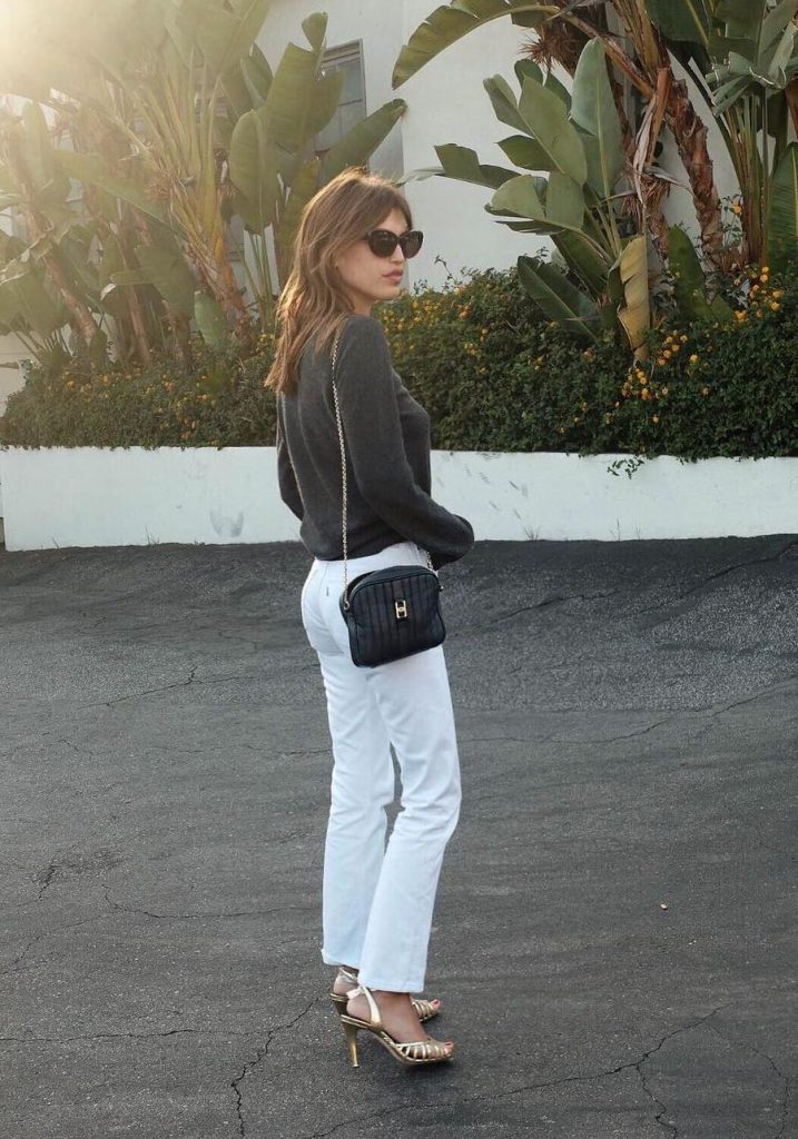 Gray Sweater and Gold Strappy Heels, French White Jeans Outfits Ideas Jeanne Damas