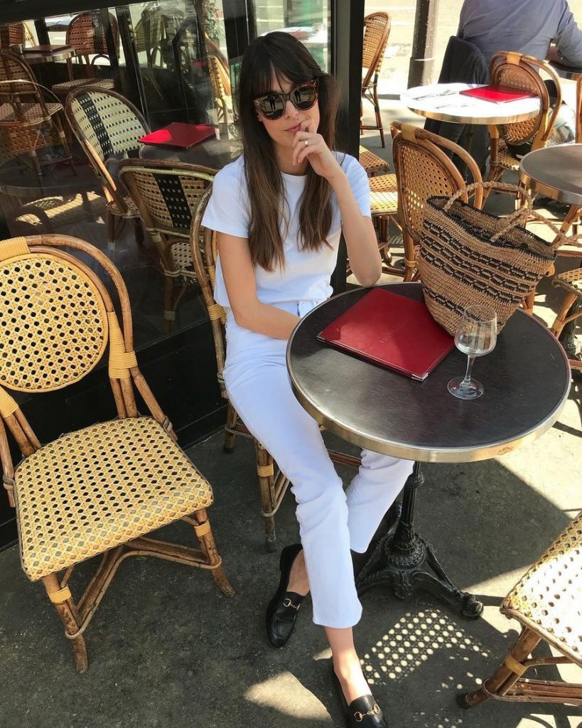 White T-Shirt, Gucci Loafers, French Style White Jeans Outfits Ideas by Leia Sfez in Paris