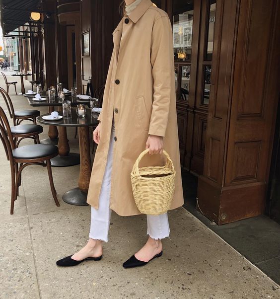 Jane Birkin basket bag with beige trench coat and white jeans nycbambi French Girl Spring style
