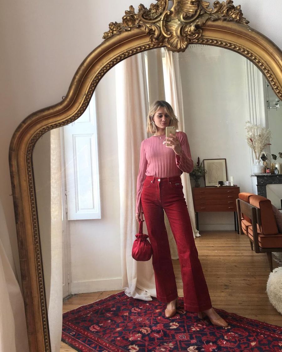 Pink sweater and red pants French Girl Spring style ideas