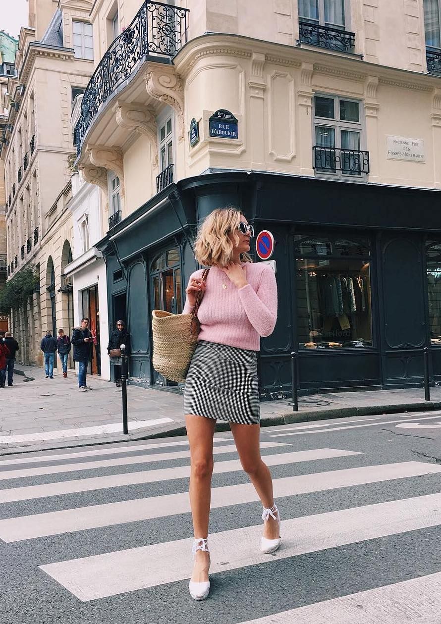 Pink sweater gray mini skirt white espadrilles - French Girl Spring Outfits ideas