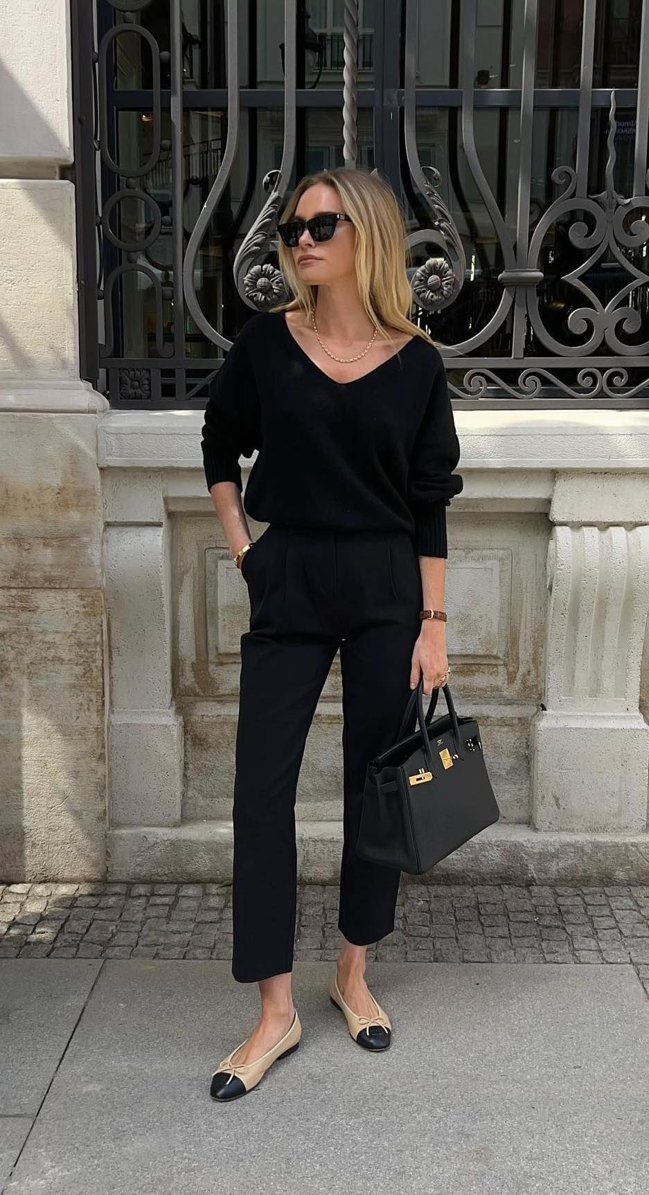 French Fall outfits all black pants chanel flats hermes birkin bag clairerose