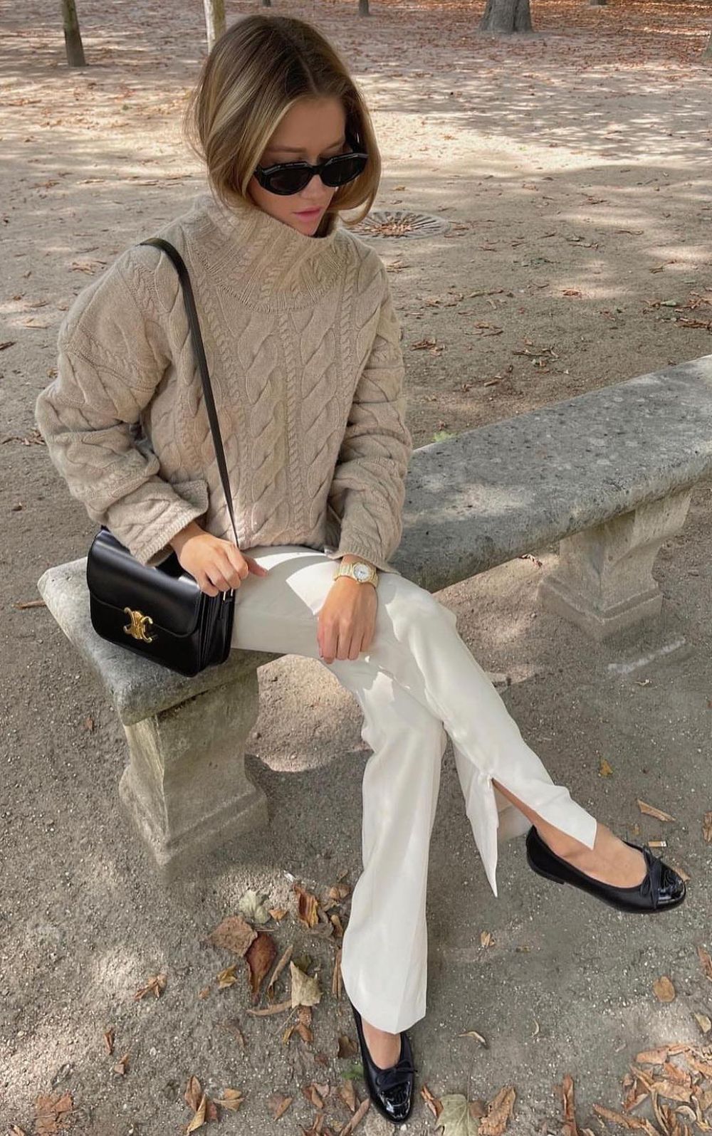 French girl Fall outfits celine triomphe bag, black chanel flats lovisabarkman