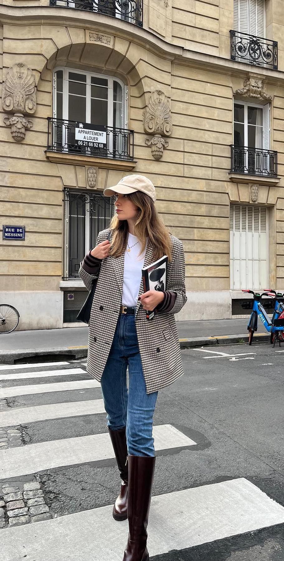 Plaid blazer leather boots baseball cap fall style paris paola.ambre