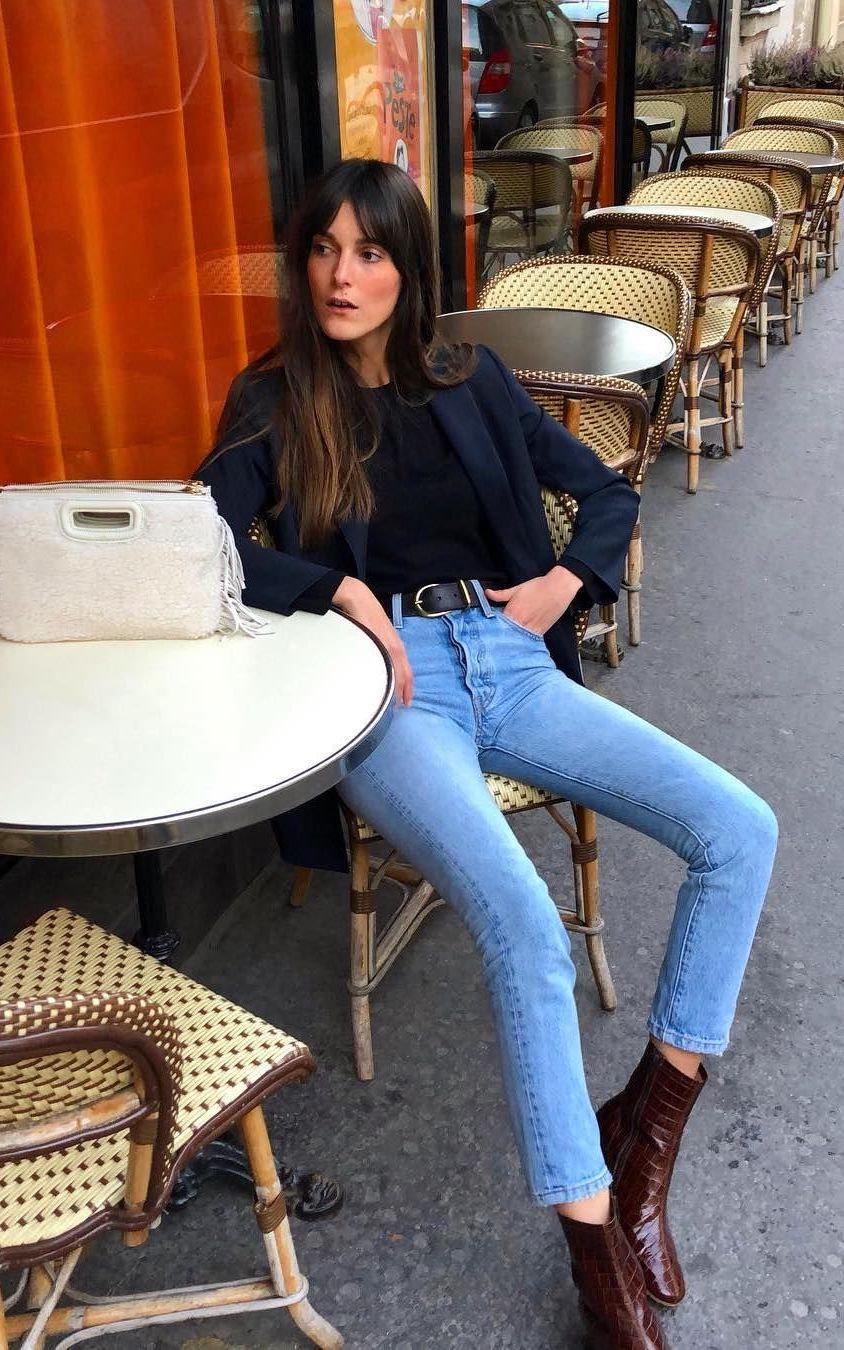 Brown leather boots straight jeans navy jacket french girl fall style ideas leiasfez