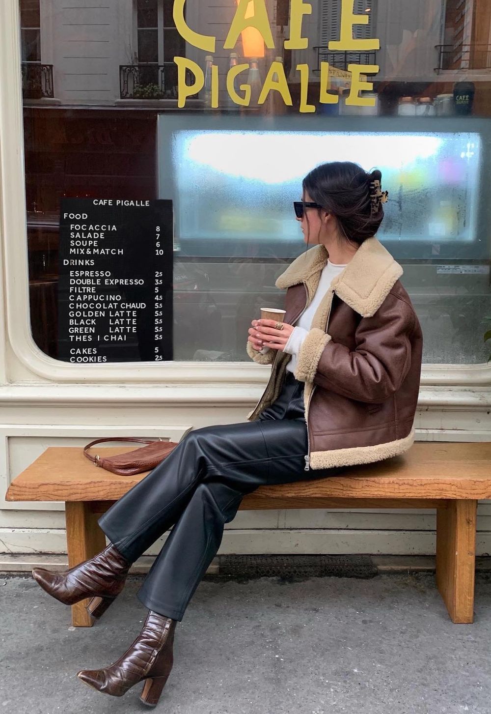 French Winter outfits Brown Shearling Coat leasy_inparis