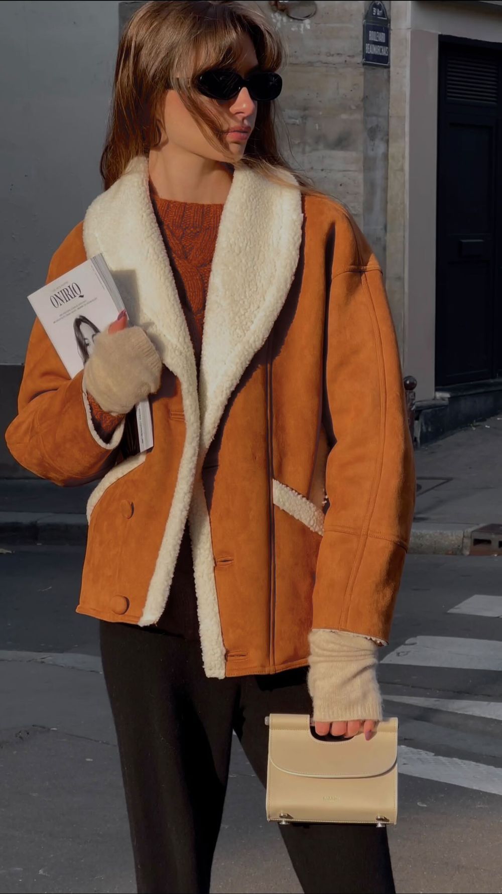 French girl Winter outfits Cognac sheepskin coat maralafontan