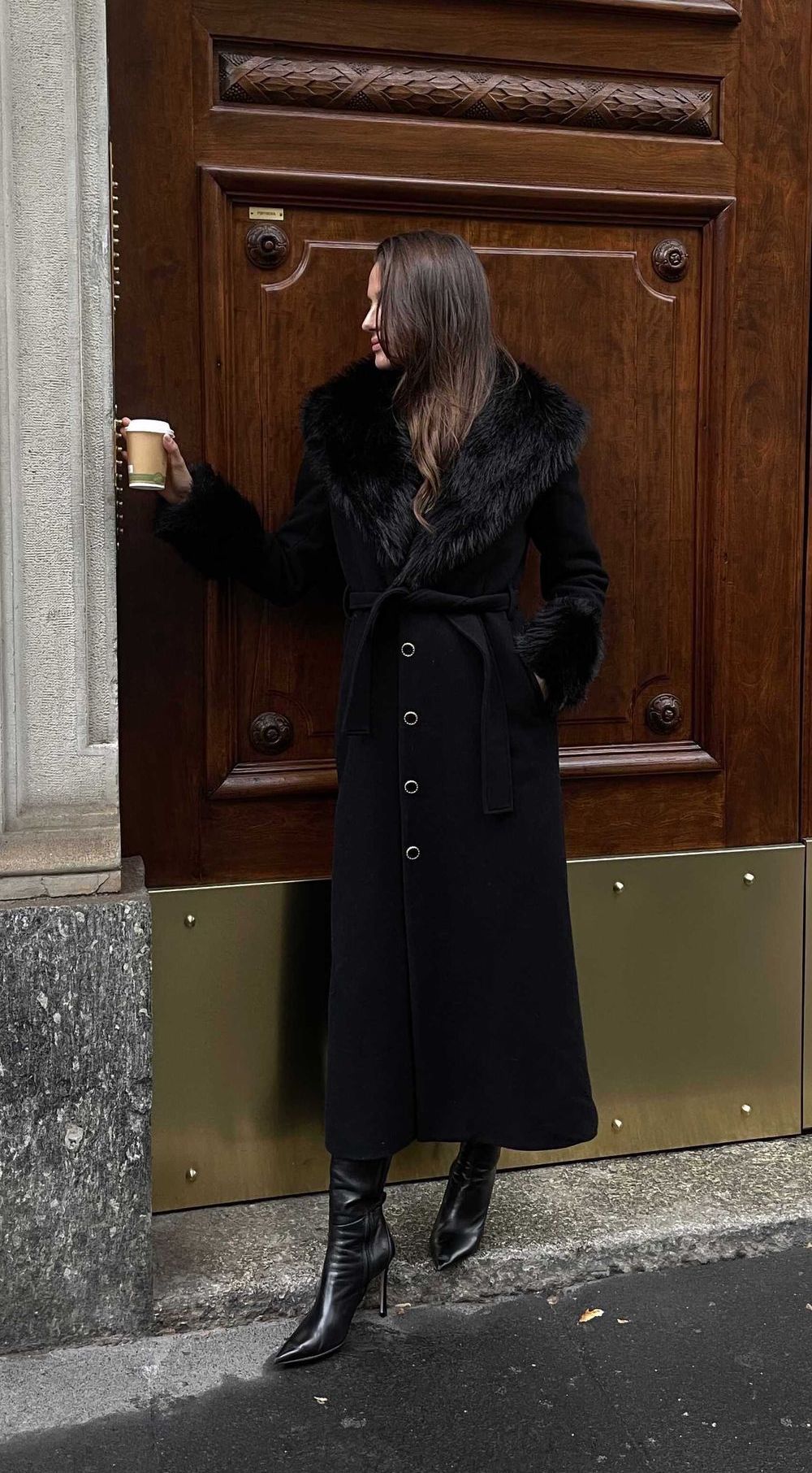 French Winter outfits Elegant Long Black Coat with Fur Trim gabriellecaunesil