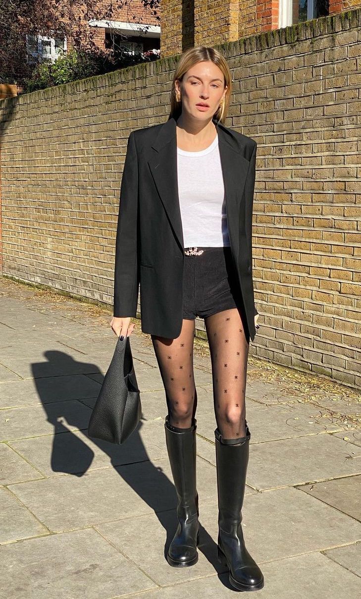 Black blazer outfits Over a white t-shirt and black shorts french girl style