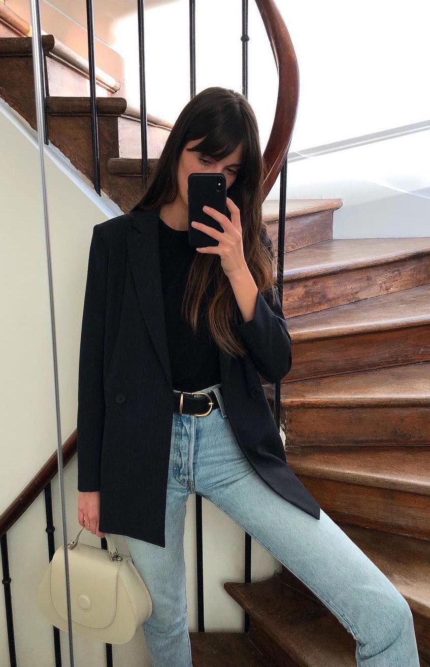 Black blazer outfits light wash jeans leiasfez