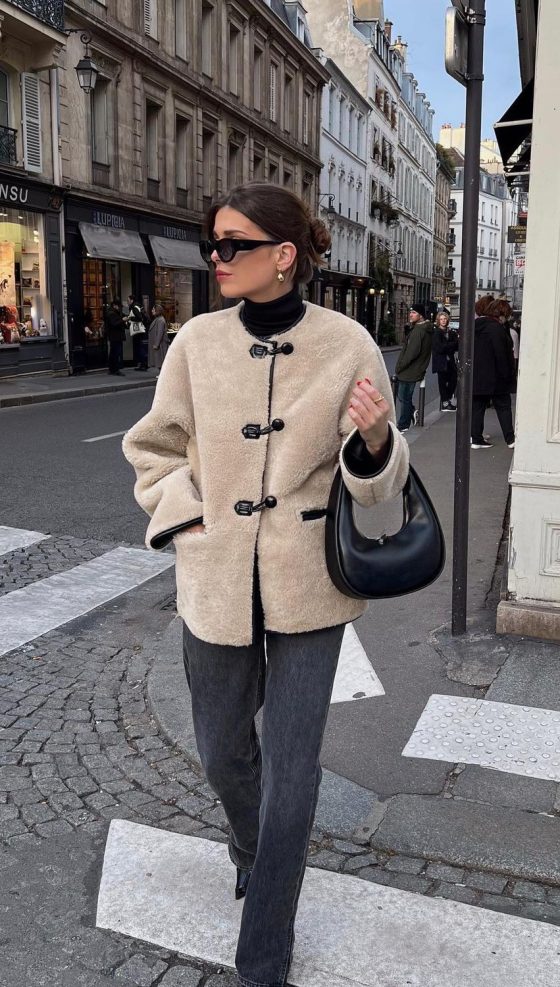 Parisian winter outfits shearling coat heloise.guillet