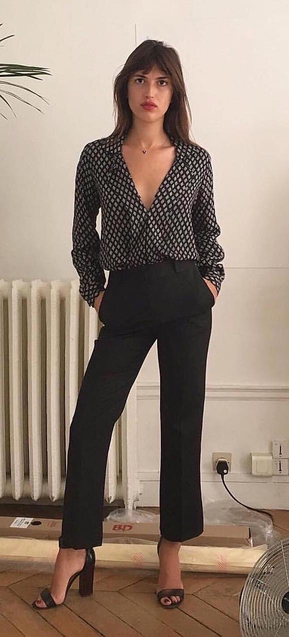 French girl at Work outfits Silk blouse black tailored pants jeannedamas