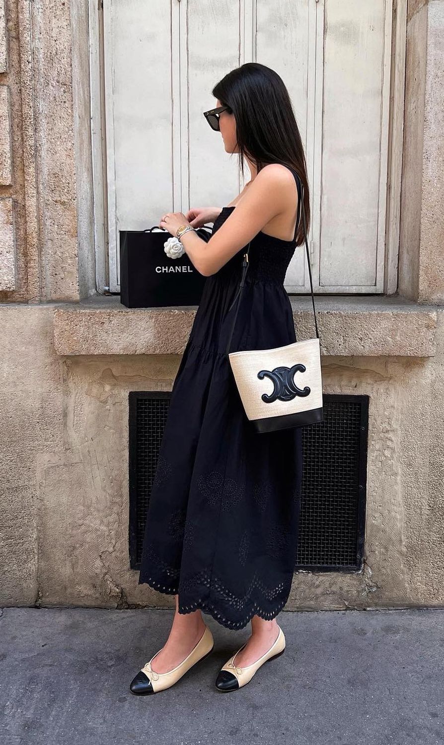 French Chanel flats celine bag black dress alisawolff_