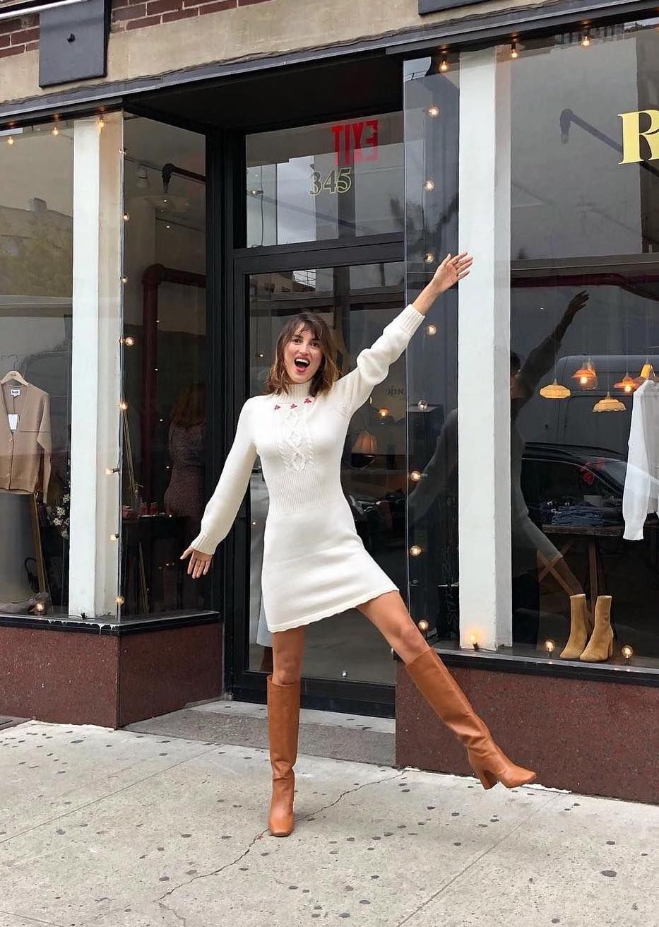 French White dress outfit brown leather boots