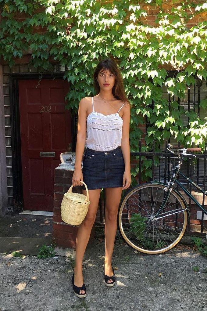 French Wicker Basket bag apc jean mini skirt white tank top jeannedamas