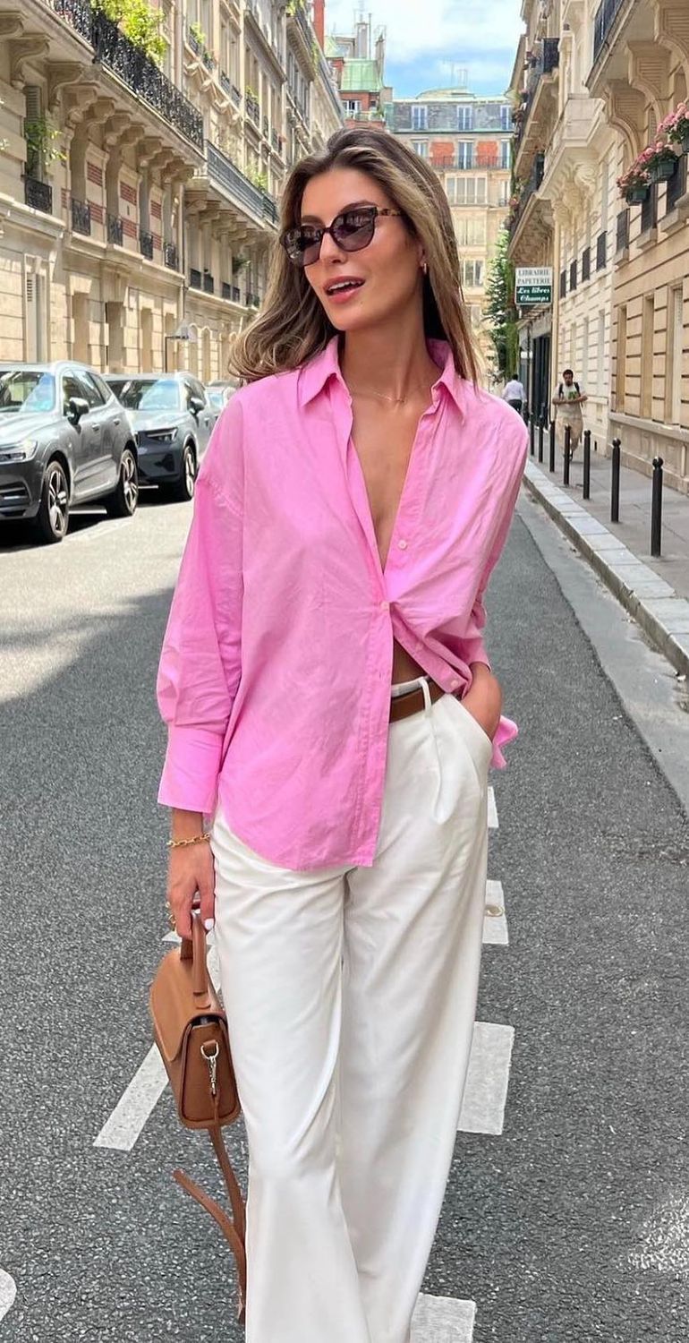 French girl White pants pink shirt summer in paris outfit