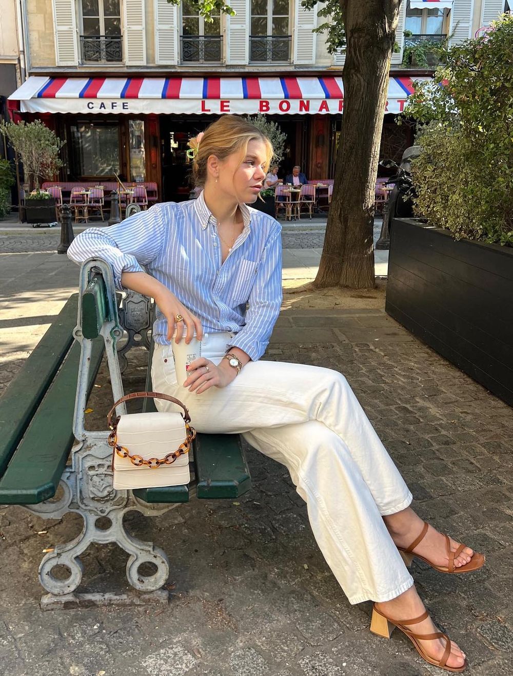 French girl White pants outfit with blue shirt