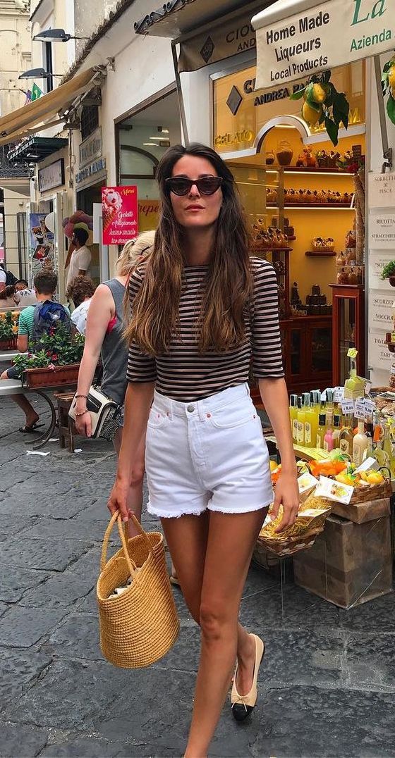 White jean shorts chanel flats raffia bag summer leiasfez