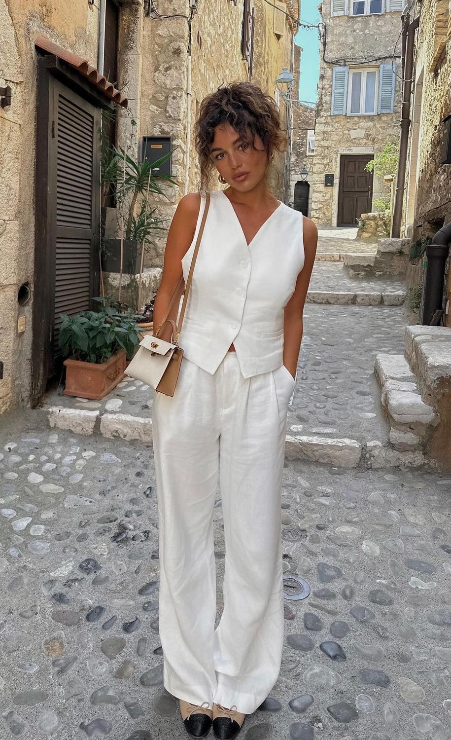 South of France outfits white linen waistcoat pants mimiarr