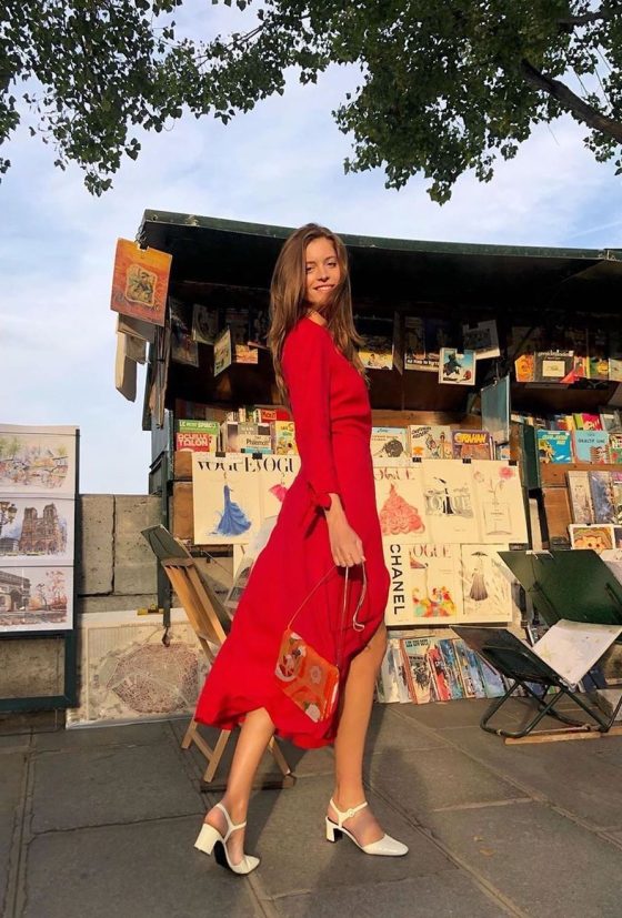 French girl Red dress white sandals carel @pauline_serreau