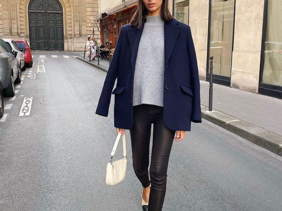 French Navy blazer black leather pants chanel flats fall @salome.mory_