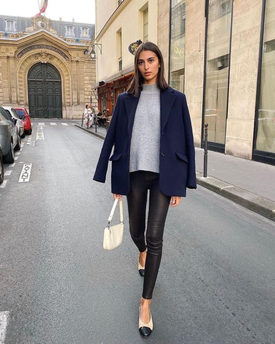 French Navy blazer black leather pants chanel flats fall @salome.mory_