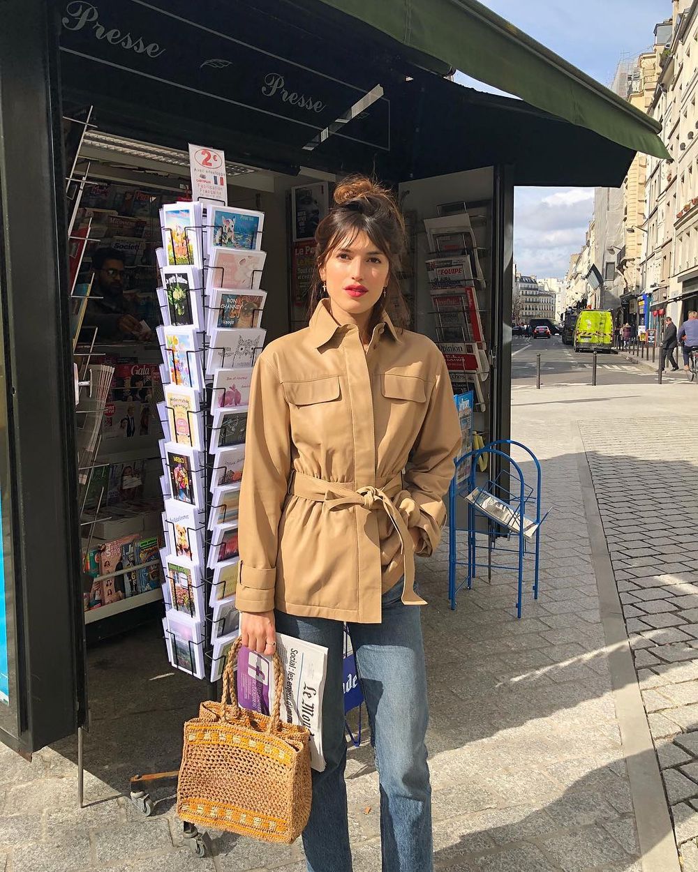 French Short trench coat outfit raffia bag jeannedamas