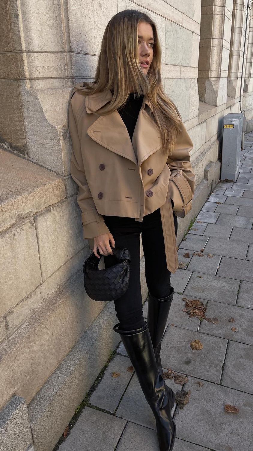 French Short trench coat outfits black leather boots lovisabarkman