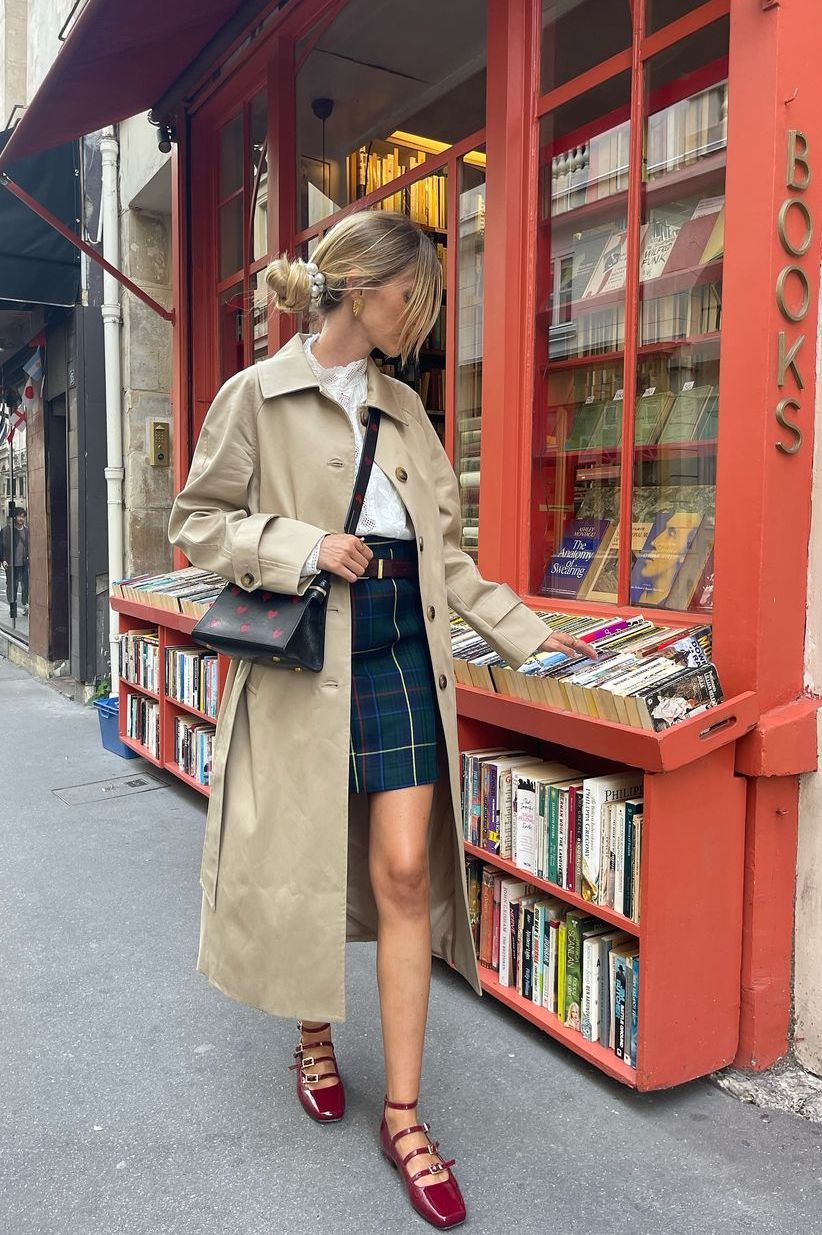 French girl trench coat outfit with plaid skirt red shoes jeanne_andreaa