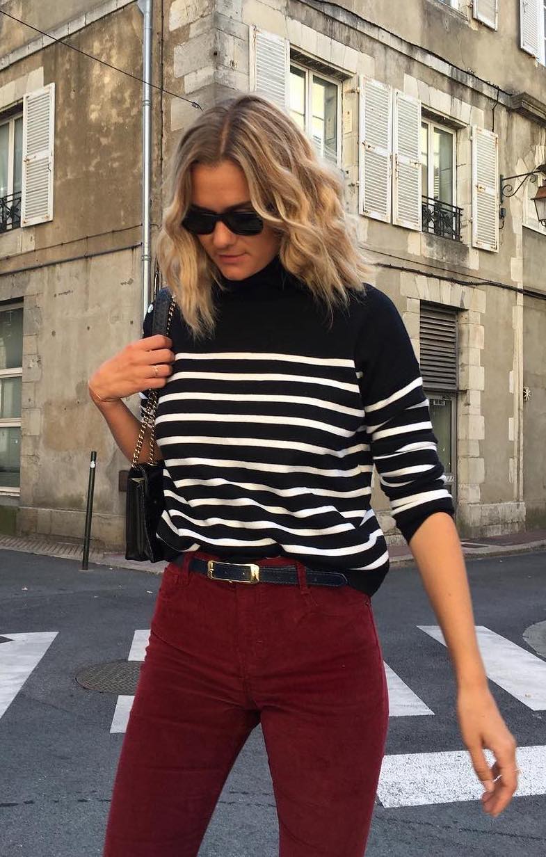 French Striped sweater outfit Burgundy pants annelauremais