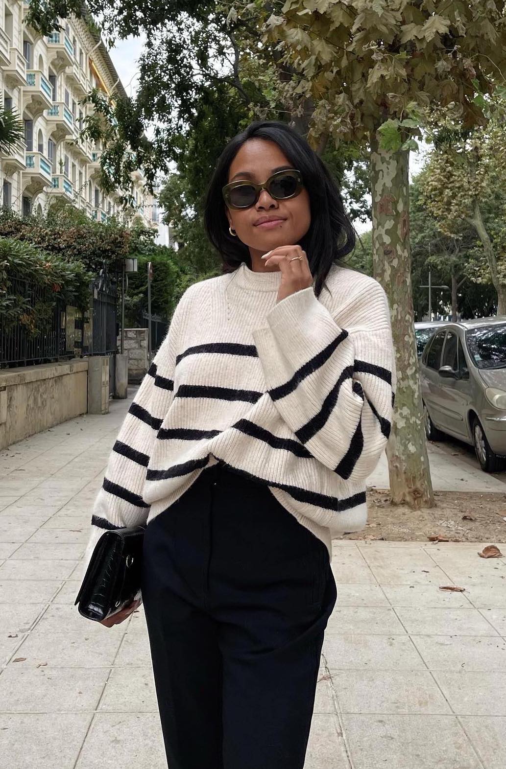 French Striped sweater outfit black pants irinarabary
