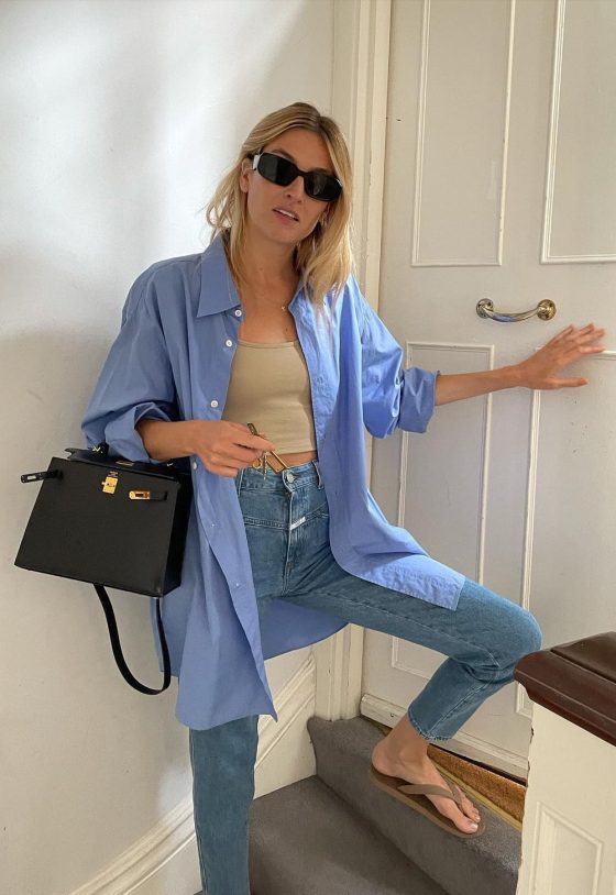 French style Blue Button up shirt outfit camillecharriere
